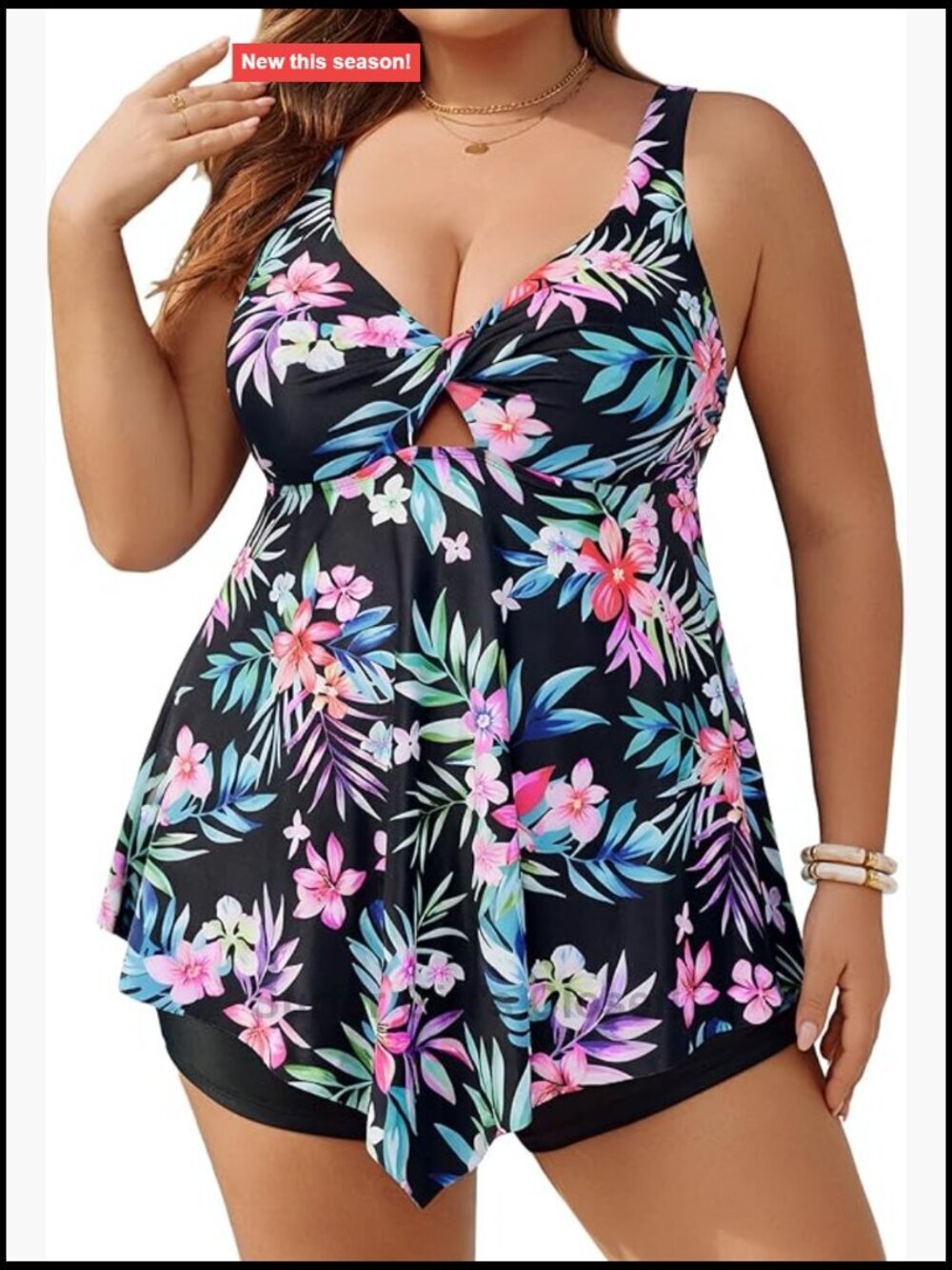 Plus Size Twist Knot Tankini Set with Tummy Control, Flowy Swimwear